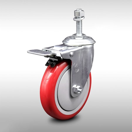 Service Caster 5 Inch SS Red Polyurethane 3/8 Inch Threaded Stem Caster with Total Lock Brake SCC-SSTSTTL20S514-PPUB-RED-381615